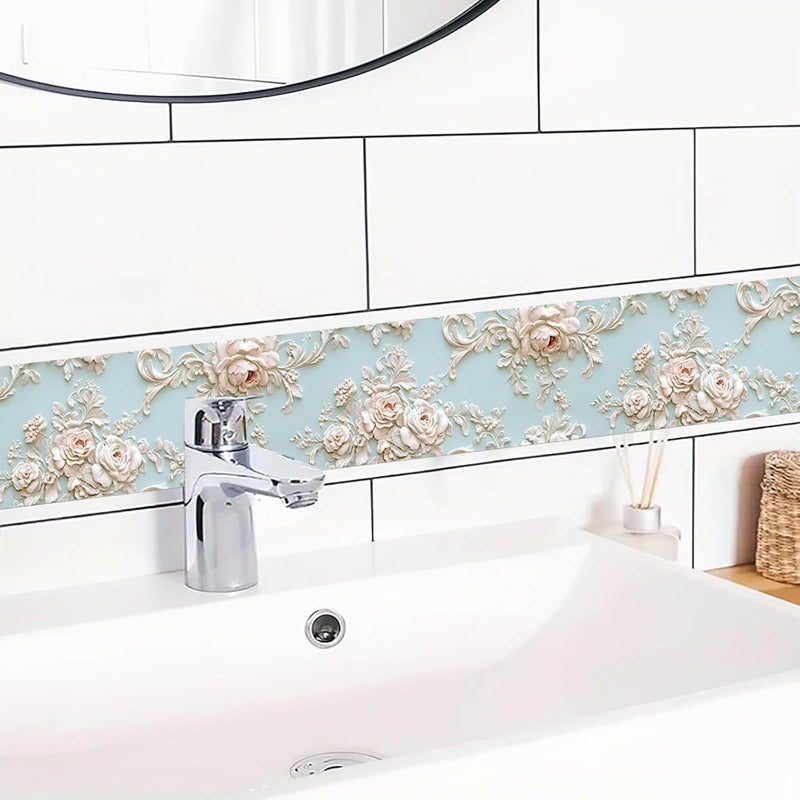 IVN Wallpaper Border Peel and Stick Wall Accent 4x196 Inch PVC Embossed Rose on Light Blue Pattern Self Adhesive Decorative Wall Trim for Living Room Bedroom Hallway Elegant Classic Style - Image 5
